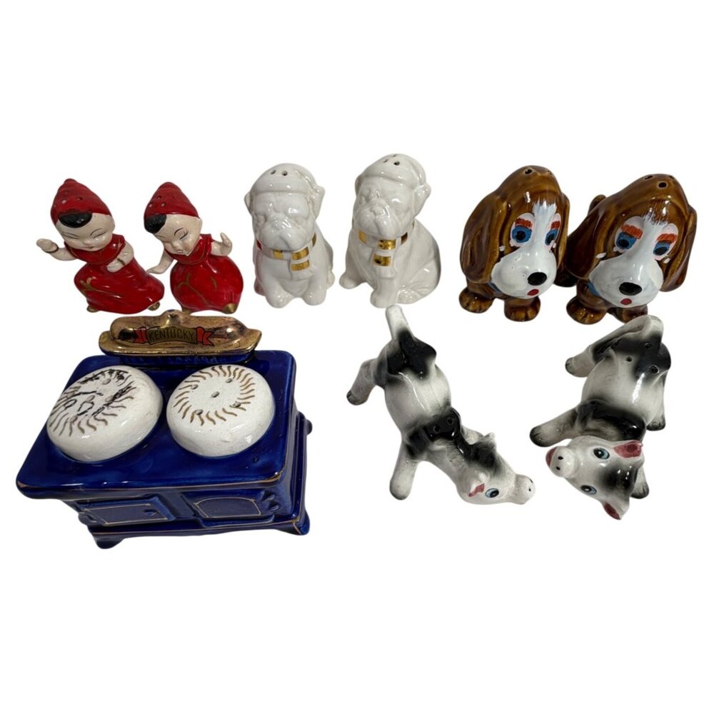 Set Of 5 Vintage Ceramic Salt Pepper Shakers Dogs Stove Cows Hand-Painted Japan